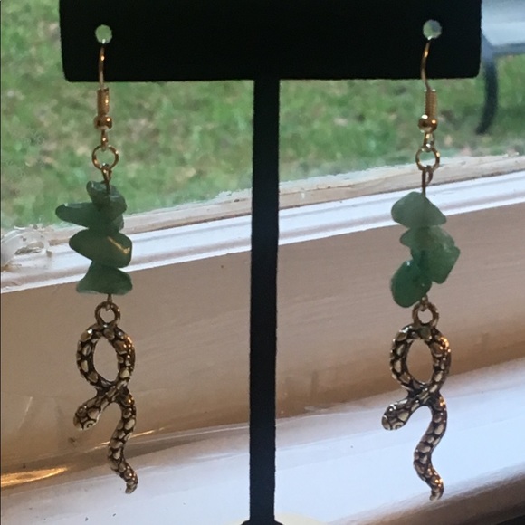 SOLD Green Aventurine Silver Snake Dangle Earrings - Picture 6 of 8